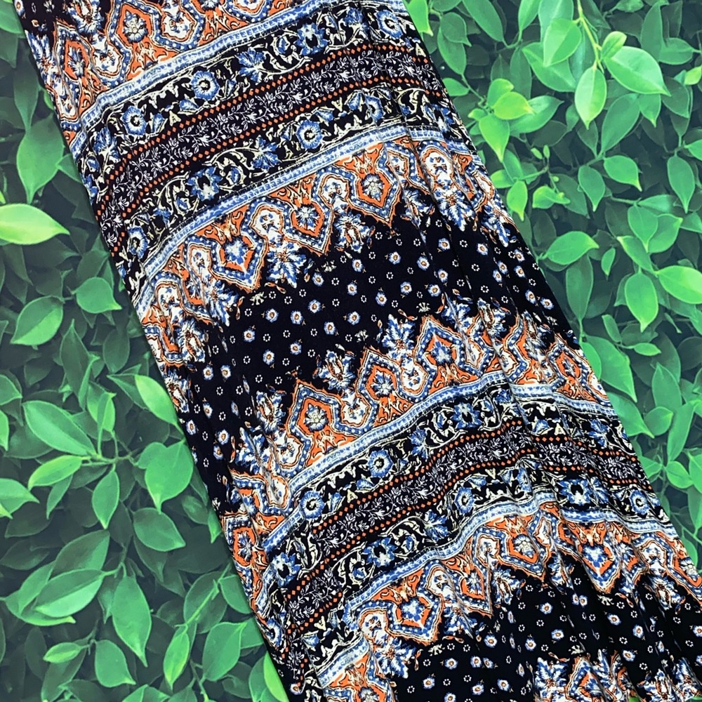 Boho Border Print Maxi Skirt Blue Orange Tribal Pattern Flowy Festival, Size M - Picture 3 of 4